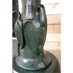  Large three tier cast iron fountain, egg and dart edge, swan and reeded columns, green finish, W114cm, H240cm  