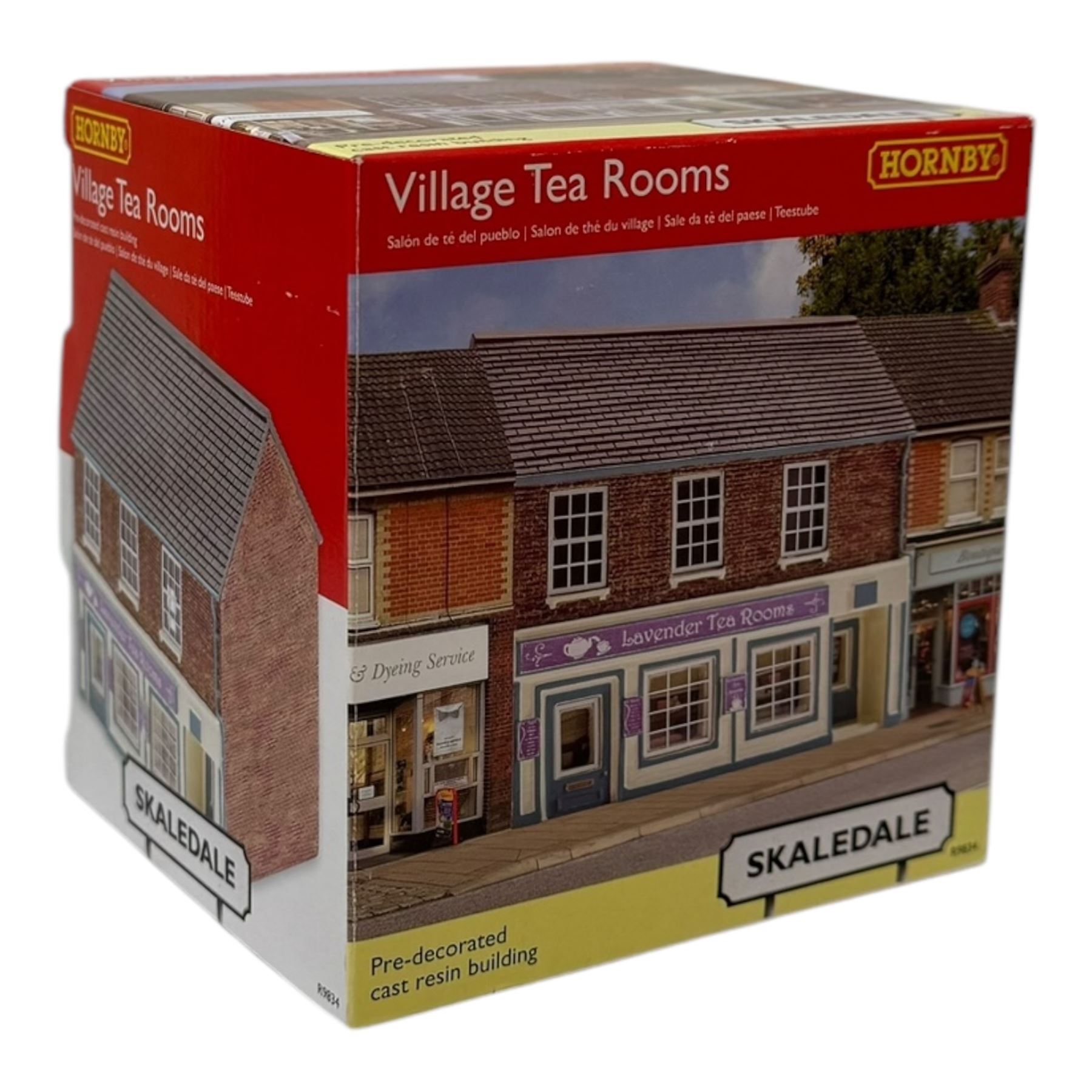 Ten Hornby '00' gauge Skaledale buildings, comprising R9834 Village Tea Rooms, R8506 Brambles Cottage, R8507 Platt's General Store, R8503 St Michaels School, R9769 The Pine Shop, R8641 Platform Footbridge, R8639 Water Tower, R8587 Coal Stage, R8589 Level Crossing Signal Box and R8638 Platform Shelter, all boxed