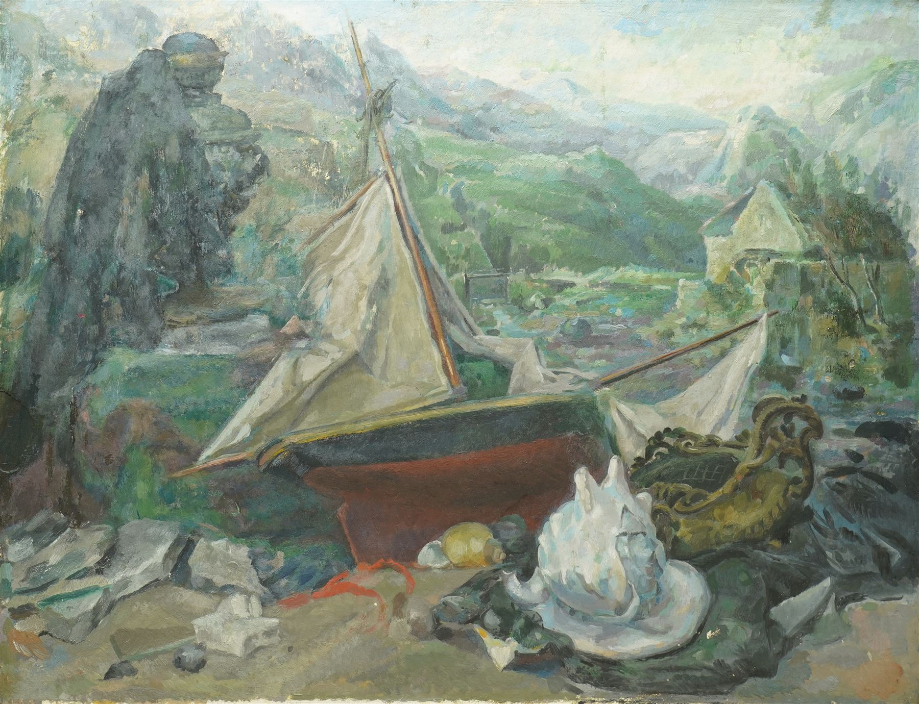 Ronald Morton (British 1918-): 'The Haven', oil on canvas laid on board, titled and inscribed verso 52cm x 68cm