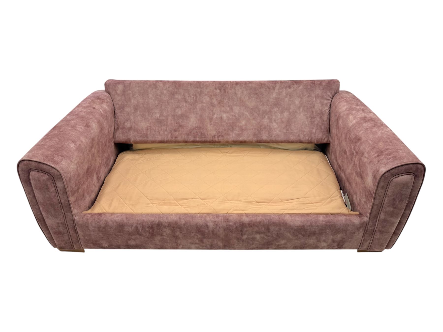 Contemporary Alstons ‘Memphis’ sofa bed, upholstered in ‘Dusk Velvet’ polyester blend, featuring broad arms, two seat cushions, and a concealed fold-out metal action bed with mattress