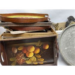 Collection of wooden trays three painted with still life decoration, a wooden box, wooden planes, together with vintage metal tins and other metalware, three boxes  