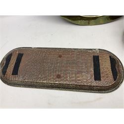 Copper pot with twin iron handles, large heavy planished brass charger and brass crocodile tray, charger D59cm