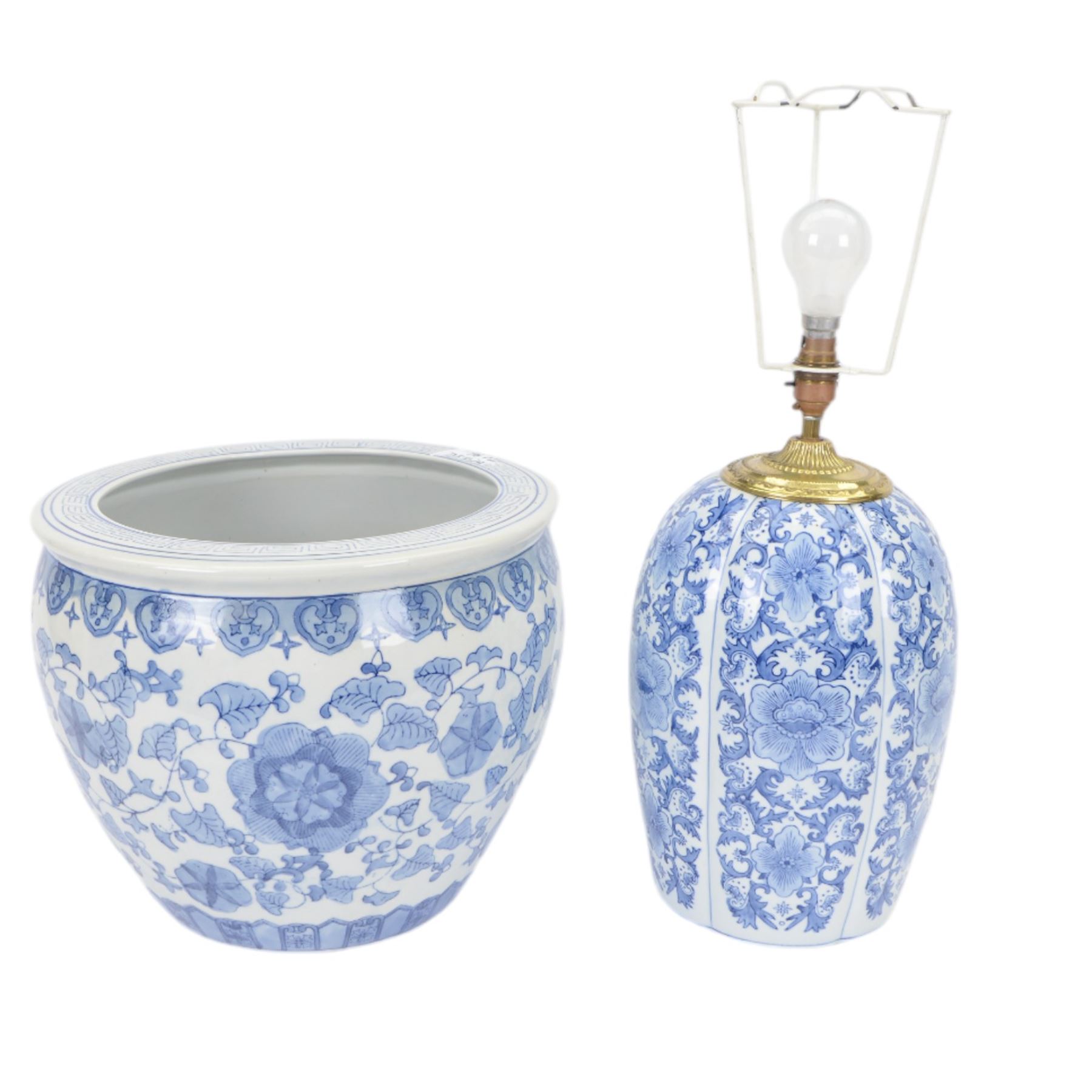 20th century Chinese blue and white fish bowl, the exterior decorated with trailing foliage and ruyi border, the interior with carp swimming amongst reeds, H31cm x D37cm, together with a Chinese blue and white table lamp and shade, of lobed ovoid form, H73cm overall 