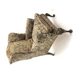 Matched pair early 20th century Queen Anne style wingback armchairs, walnut framed, sprung seats with seat cushions upholstered in needle work cover, shell carved cabriole front feet