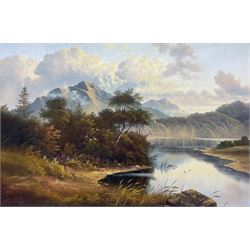 Andrew Grant Kurtis (British 1963-): Lakeside and Mountains, oil on canvas signed 49cm x 74cm; A Busch (British 20th Century): Cumbria, oil on canvas signed 49cm x 59cm (2)