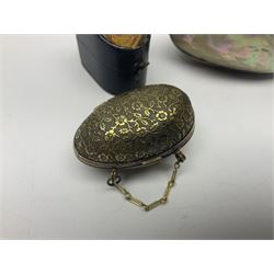 19th century lacquer thimble case with painted portrait of a woman to the hinged lid, together with two mother of pearl egg shaped thimble cases and one other