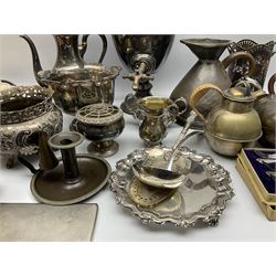 Large quantity of assorted metal ware, largely comprising silver plate, to include teapots and other teawares, bottle holder, bowl, entrée dishes, trays, samovar, various flatware, etc. 