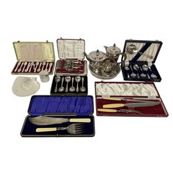 Quantity of cased silver plated cutlery, to include examples with hallmarked silver ferrules, cased set of mother of pearl caviar spoons and knives, silver lidded glass jar, caviar dish and and R&B Roberts & Belk Romney silver plate tea set etc