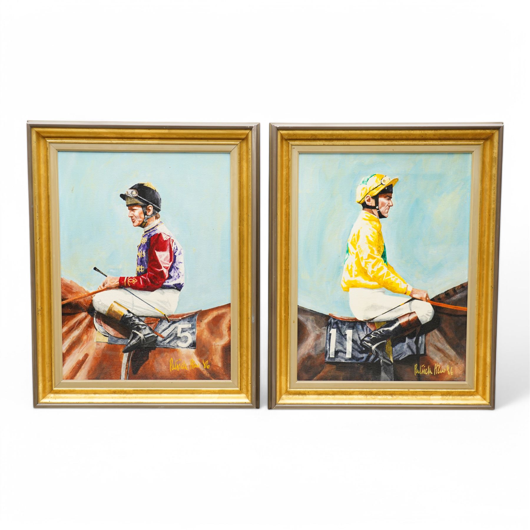 Patrick Haw (British 20th century): Jockey's - 'Willie Carson' and 'Greville Starkey', pair acrylic on canvas signed and dated '86, 39cm x 29cm (2)