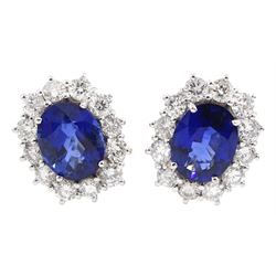Pair of 18ct white god fine Ceylon sapphire and round brilliant cut diamond cluster stud earrings, hallmarked, total sapphire weight approx 4.20 carat