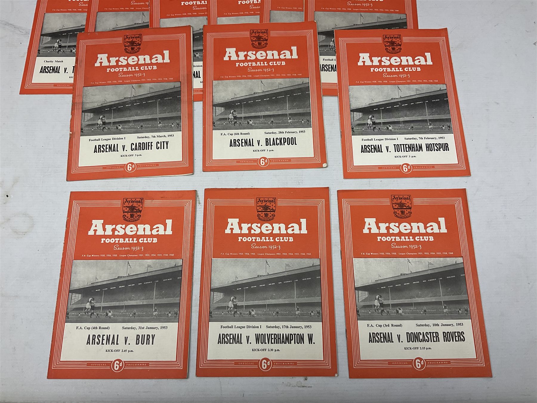 Arsenal F.C. - thirty home programmes for 1951/52 (7) & 1952/53 (23) including Division One, F.A. Cup, London Football Association Challenge Cup, Charity Match, Friendly Match and one duplicate (30)
