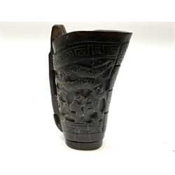 Chinese horn blood collection cup, carved with dragons and key fret border, H9.5cm