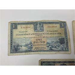 Glasgow, Clydesdale and North of Scotland Bank Limited one pound banknote 1st March 1952 ‘E312010’, The National Bank of Scotland Limited one pound 1st October 1954 ‘B/K 997-929’ and Edinburgh The British Linen Bank one pound 9th August 1955 ‘Y/2 026919’