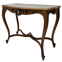 Louis Philippe design walnut console table, shaped top with inset grey marble panel, the frieze pierced and carved with scrolling foliage and applied flower heads, raised on cabriole supports with cartouche carved knees, united by shaped X-stretcher