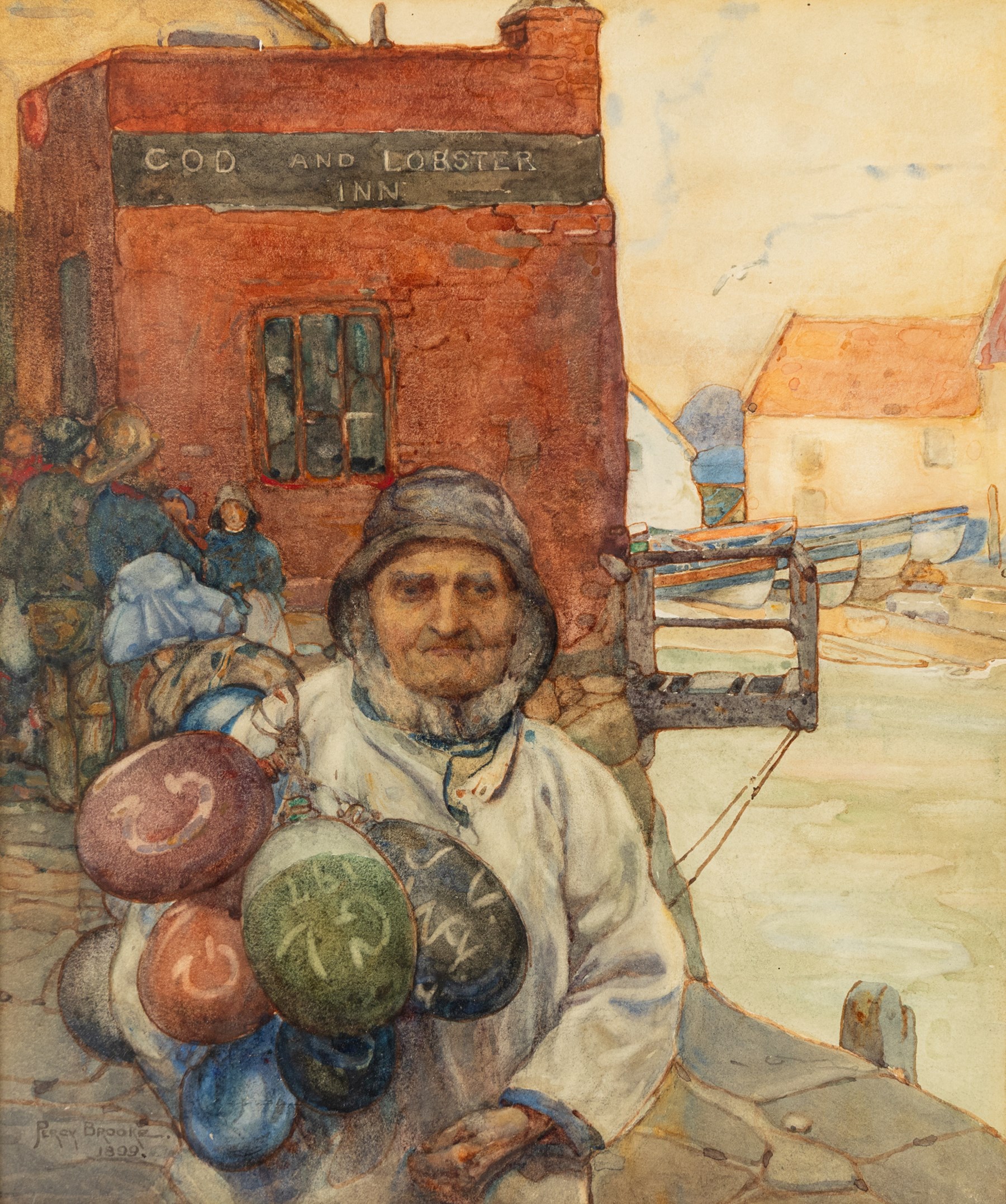 Percy Brooke (British 1869-1916): Fisherman at the 'Cod and Lobster' Staithes, watercolour signed and dated 1899, 30cm x 25cm