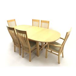 Oval maple extending dining table, moulded top, square supports (W214cm, H77cm, D104cm) and set six (4+2) dining chairs upholstered seat, square supports (W55cm) 