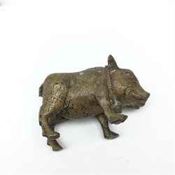  Bronze figure of a wild pig with bell collar L9.5cm and framed bronze RHS medallion (2)  