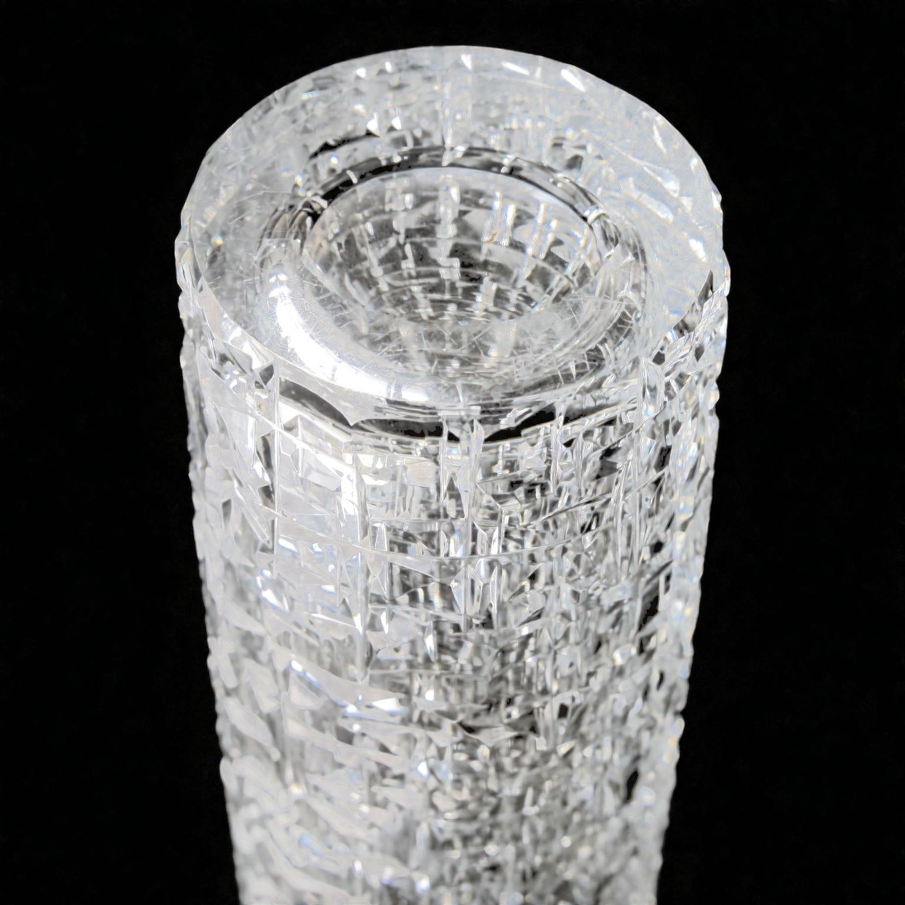 Vladimir Zahour; cut glass vase of cylindrical form, signed beneath, H35cm 