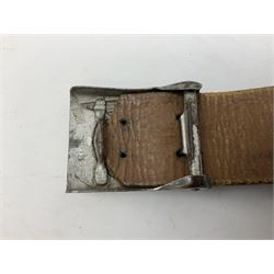 WW2 German 'SS' leather belt with six pouches (one containing unused field bandage) and buckle inscribed 'Meine Ehre Heifst Treue'; belt marked 0/0836 0029