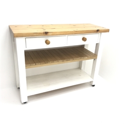  Painted pine kitchen buffet table, two drawers, square supports joined by two tiers, W110cm, h85cm, D40cm  
