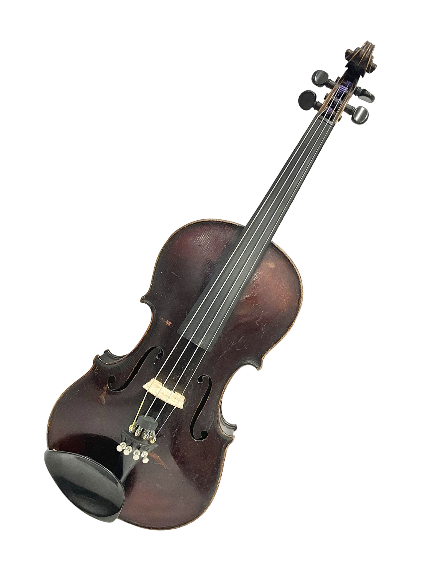 Neuner & Hornstiner early 20th century half size violin c1900, two piece maple back and ribs with a spruce top in a later ridged carrying case, no bow Length 57cm