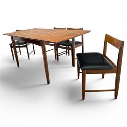 BCM (Bath Cabinet Makers) - mid-20th century teak extending dining table with BCM set of four teak dining chairs with bar back and black vinyl seats