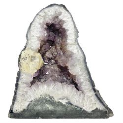 Amethyst crystal ‘cathedral’ geode, free standing with flat base and prepared outer surface, with well-defined crystals of various sizes within the cavern, H39, L32cm