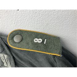 WW2 German Army grey/green herringbone twill four pocket tunic with shoulder tabs for signals regiment, cloth eagle insignia and iron cross ribbon