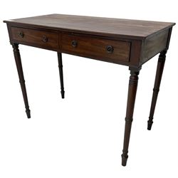19th century mahogany side table, rectangular top fitted with two drawers, raised on ring turned supports