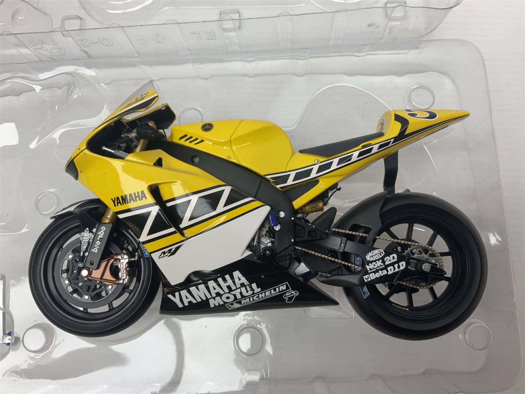 Three Minichamps 1:12 scale die-cast motorcycles - Yamaha YZR 500 Max Biaggi 2000; Yamaha YZR-M1 Colin Edwards Fiat Yamaha Team MotoGP 2007 GP Australia; and Yamaha YZR 500Team Yamaha Max Biaggi 500ccGP 2001; all boxed (3)