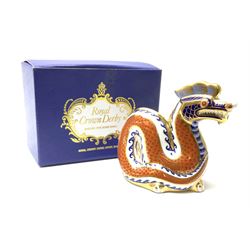 A Royal Crown Derby paperweight, modelled as a dragon and decorated in the Imari pallet, with gold stopper and makers box. 