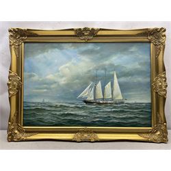 Brian Mays (British 1938-2005): 'Sir Winston Churchill' - Study of a Three Masted Topsail Schooner, oil on canvas signed, titled verso 49.5cm x 75cm 
Provenance: direct from the family of the artist.