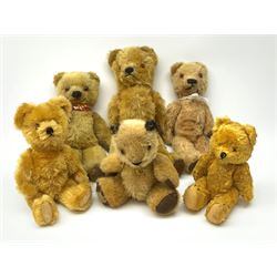 Six 1950s small teddy bears including Chad Valley Sooty type with glass type eyes, horizontal stitched nose and mouth and jointed limbs H9
