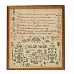 Victorian embroidered sampler, containing verse 'I will go to my saviour my sweet happy th...