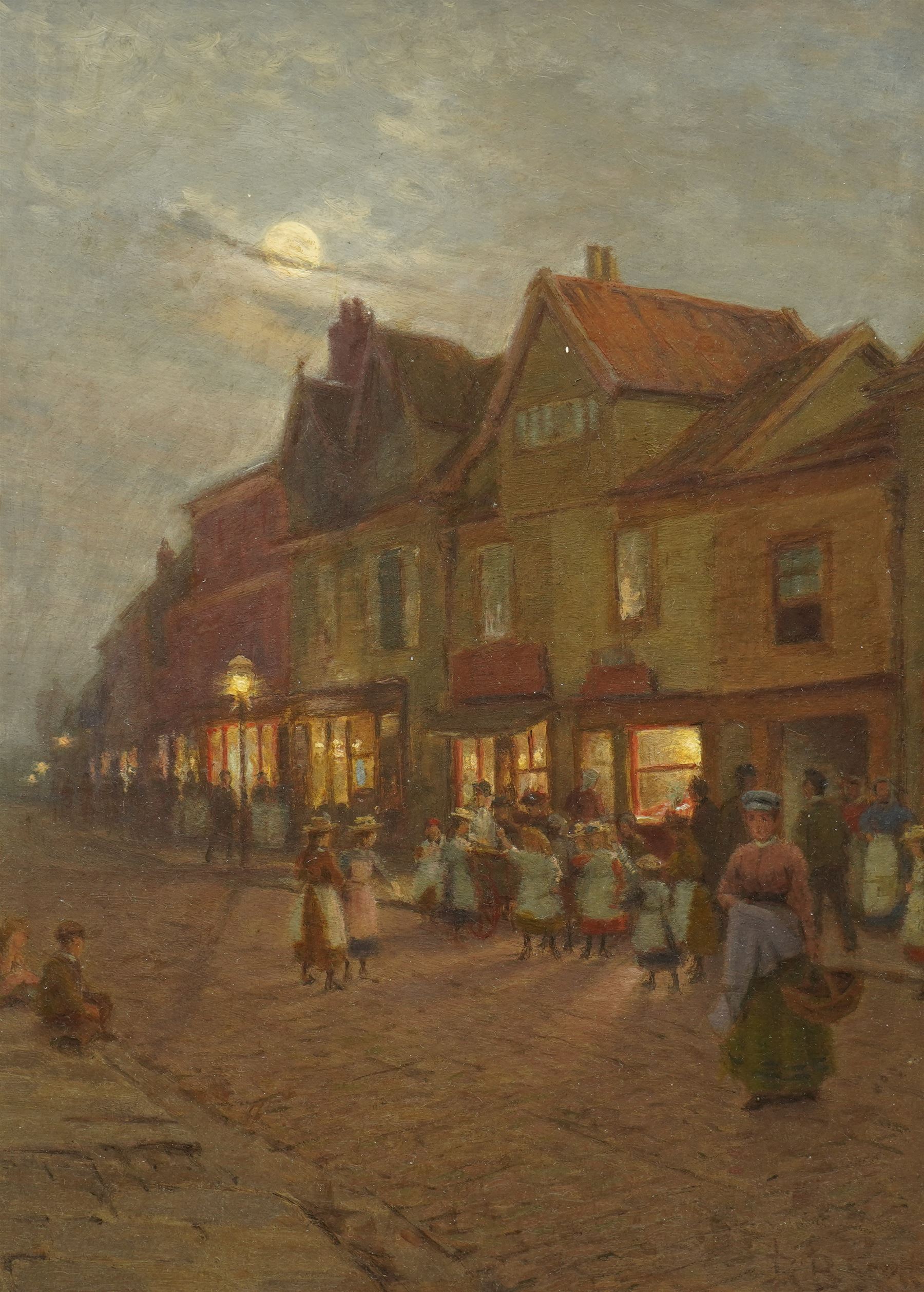 Robert Bagge-Scott (British 1849-1925): 'Twas a Summer Evening and in Ber Street' - Norwich, oil on board signed, inscribed on labels verso 35cm x 25cm