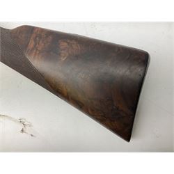 19th century John Jefferson of Scarborough 6-bore (modern 4-bore) double barrel side-by-side percussion gun, with 81cm stub twist damascus barrels (no provision for ramrod), well figured walnut stock with fine chequered grip and fore-end with horn tip and steel butt plate with long tang, well engraved lock and hammers with half-cock safeties on both sides, barrel sling swivel but rear sling swivel removed and replaced with silver escutcheon, London proofmarks, NVN, L128cm