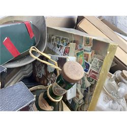 Clear glass demijohn / carboy, four wine bottles with wicker baskets, W T Avery & Co scales, Singer sewing machine, quantity of costume jewellery, trophy stand with silver-plate shields, quantity of vinyl records, stamps etc