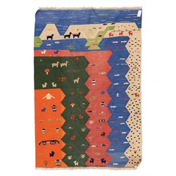 South West Persian Qahgai pictorial flatweave kilim, design arranged in a series of irregu...