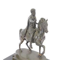 After the antique, bronzed figure of Marcus Aurelius upon horseback, on a rectangular stone base, H22cm   