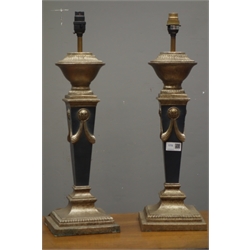  Pair French Empire style cast metal table lamps with brushed metal finish and matt tapered stem, H45cm and pair antique style French table lamps (4) (This item is PAT tested - 5 day warranty from date of sale)  