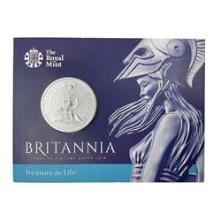 The Royal Mint United Kingdom 2015 fine silver fifty pound Britannia coin, on card