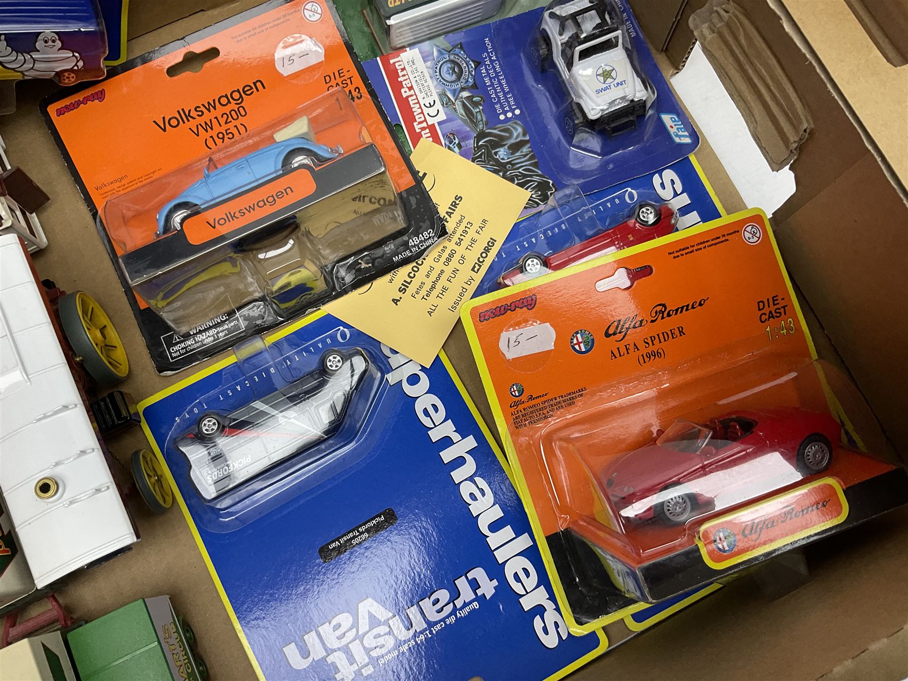 Corgi - collection of modern Showmans/Circus die-cast models including Dodgem car transporters, caravans, traction engines etc; all unboxed; and nine unopened blister packed models by Corgi, New-Ray etc including Chitty Chitty Bang Bang, Transit Vans etc