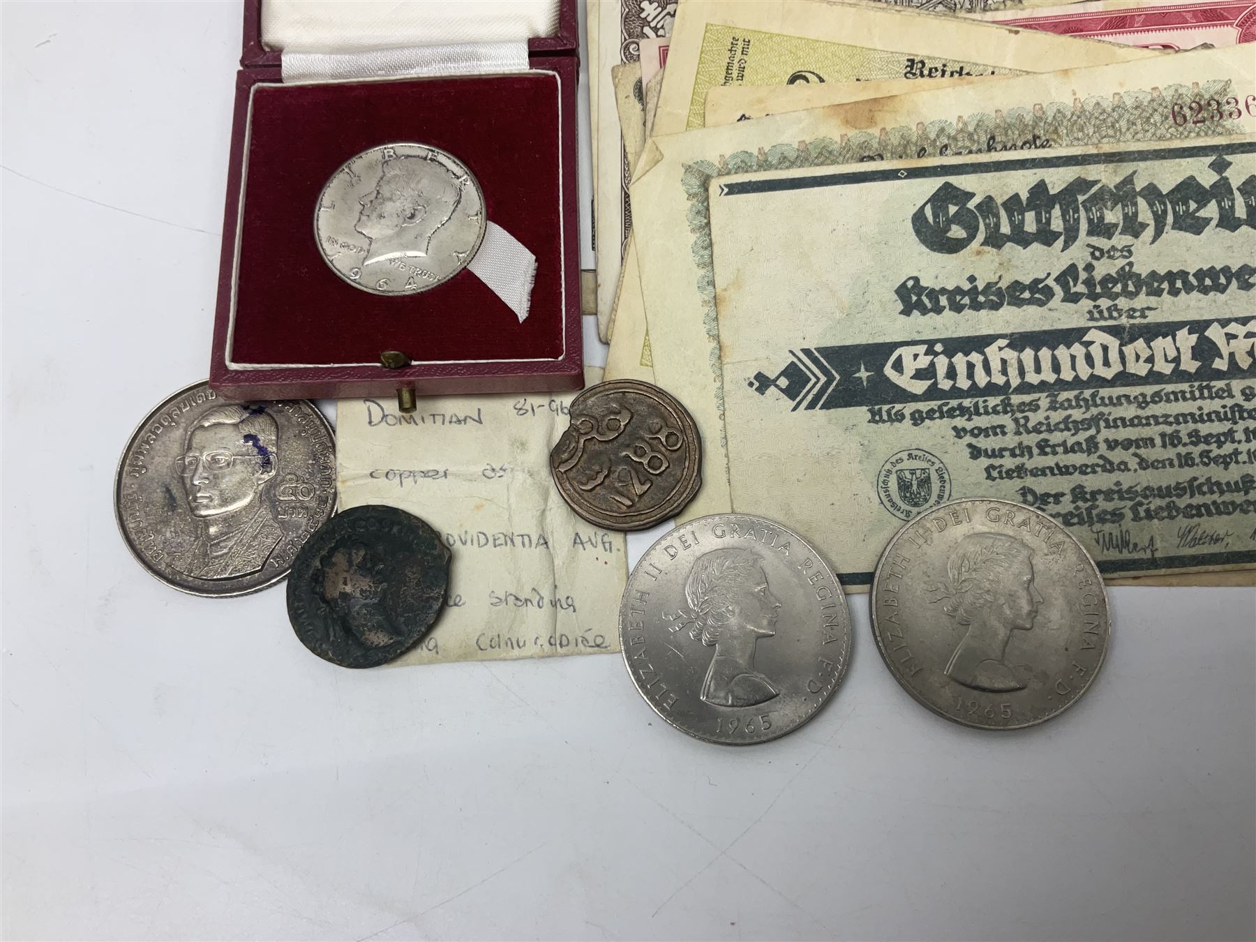 Great British and World coins and banknotes, including two Queen Victoria 1887 florins, King George V 1930 halfcrown, pre decimal pennies and other denominations, five Queen Elizabeth II five pound coins, United States of America 1964 Kennedy half dollar, German and other banknotes etc