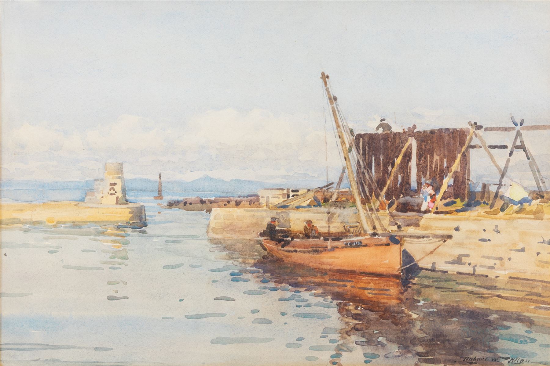 Robert Weir Allan (Scottish 1852-1942): 'Dunure Harbour' looking to Arran, watercolour signed, titled verso 33cm x 49cm 