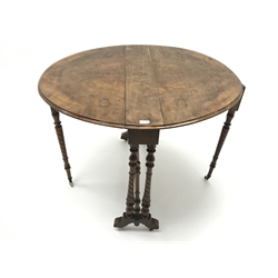  Victorian figured walnut drop leaf Sutherland table, turned supports on castors (W100cm, H71cm, D90cm) and a mahogany drop leaf Pembroke table, square tapering supports (W82cm, H70cm, D88cm) (2)  