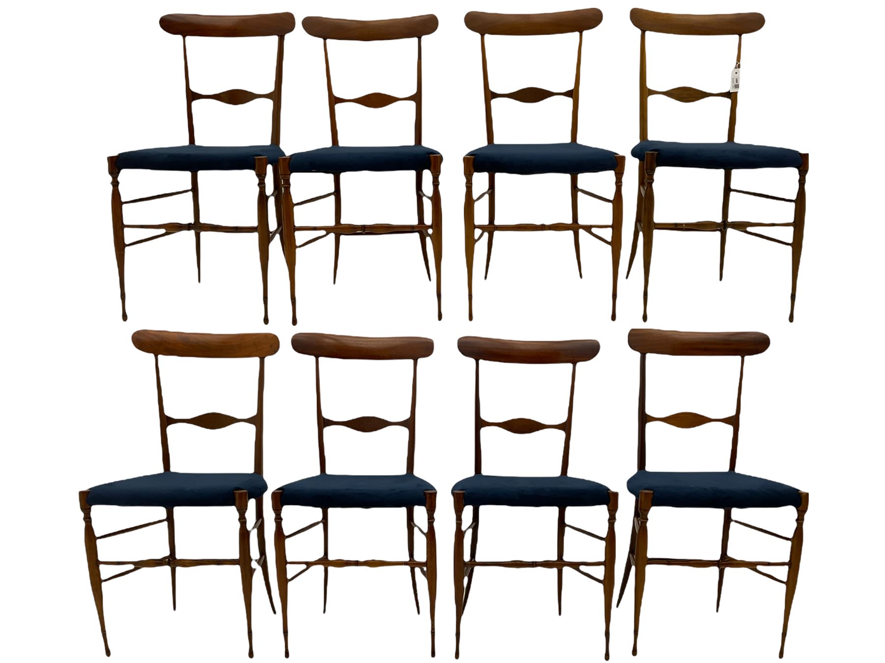 Campanino Chiavari by Fratelli Levaggi - circa. 1950s set eight walnut dining chairs, seats upholstered in blue fabric, 