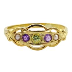 Silver-gilt five stone peridot, amethyst and pearl ring, stamped Sil
