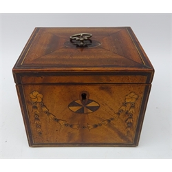  George III figured mahogany boxwood strung tea caddy, inlaid with batwing paterae, the front with floral swag and rosewood banding, swing handle and key included, H11.5cm x D11.5cm    