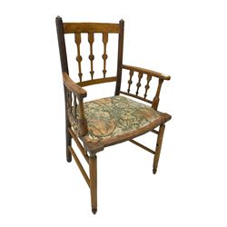 19th century ash and beech Sussex type elbow chair, the back and arms with arrow shaped vertical rails, upholstered seat, on turned supports
