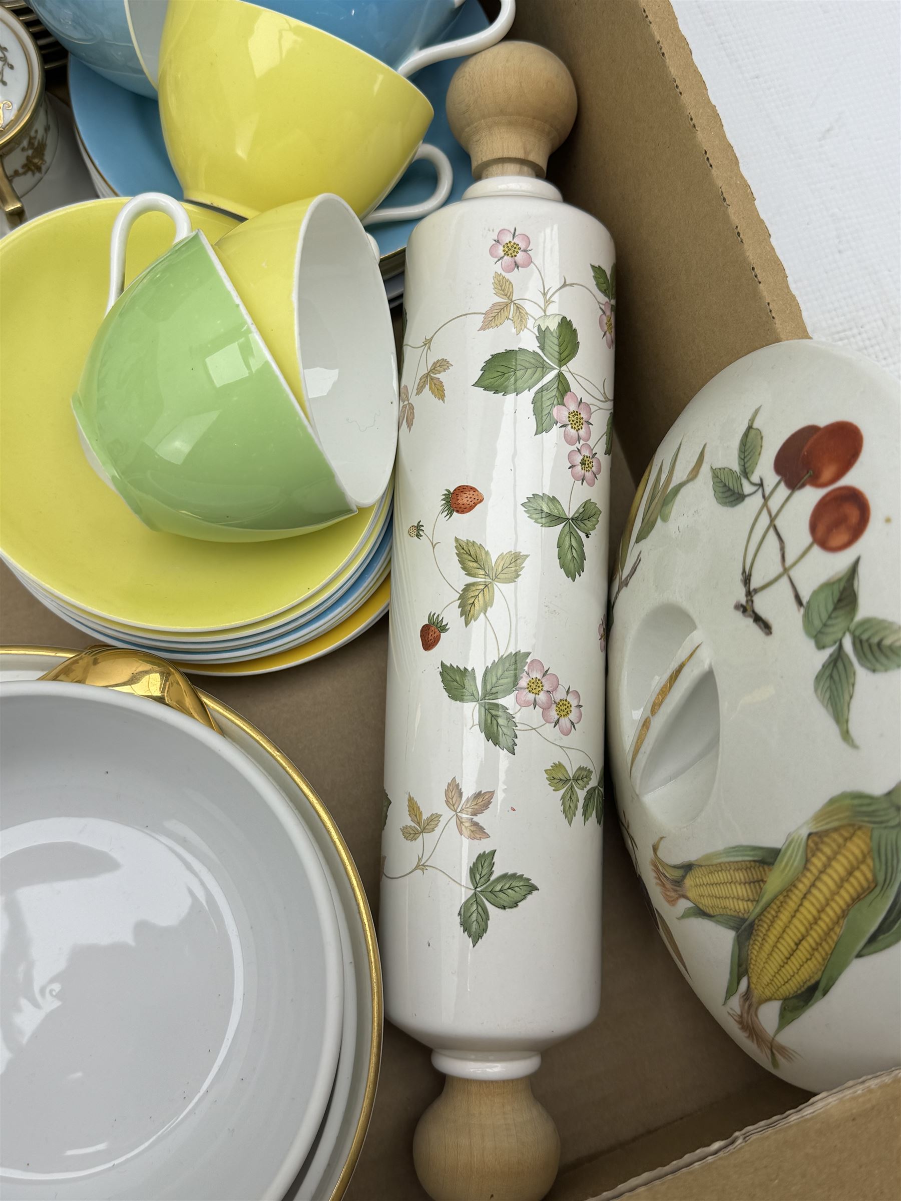 Aynsley harlequin cups and saucers, Royal Albert Old Country Roses vase and cover, Noritake coffee wares, Wedgwood Everest Goblet and various ceramics in two boxes